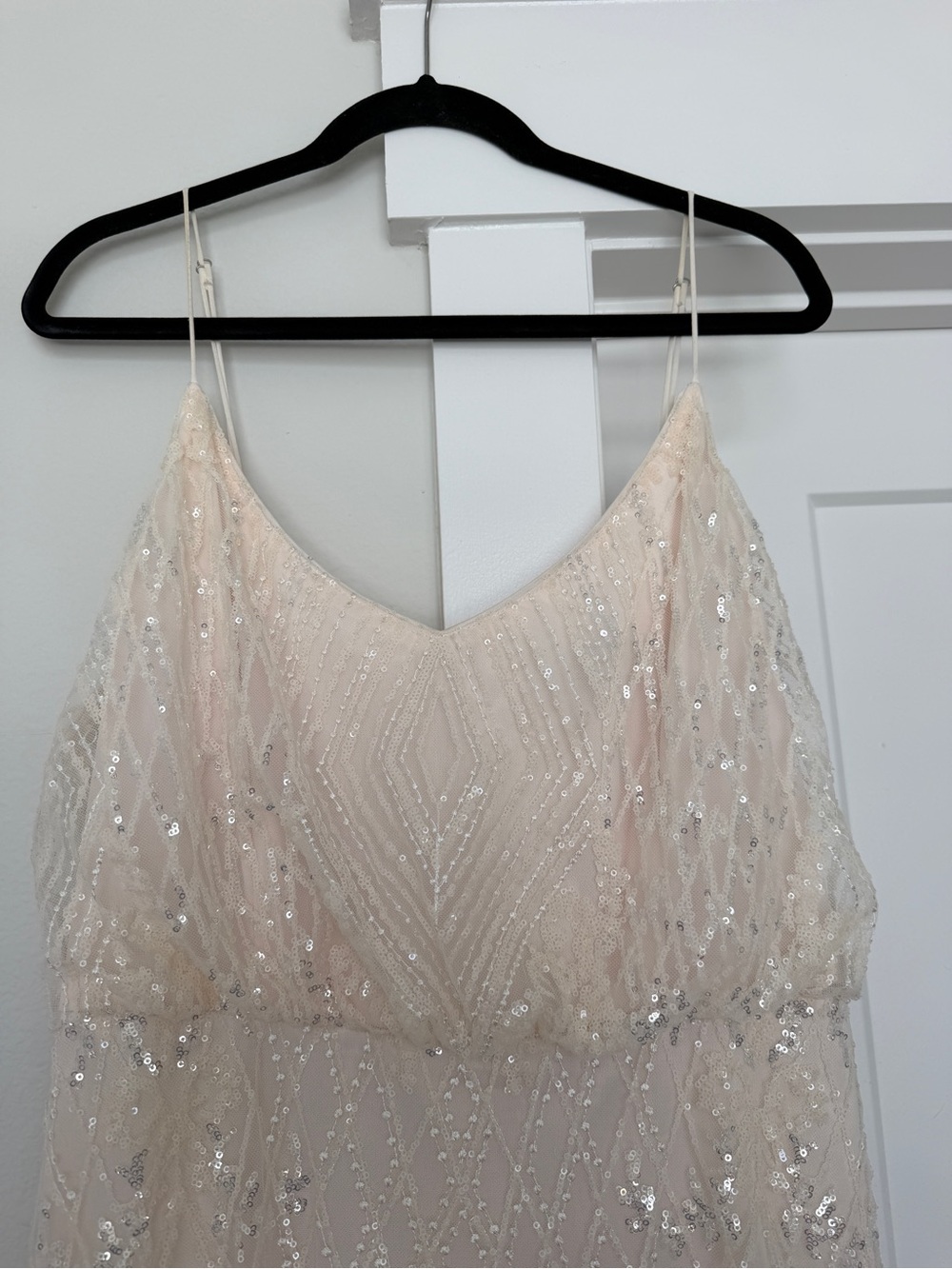 LuLus Sequin-Embellished Cream Spaghetti Strap Full Length Dress